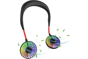Ultralent Ventilateur de cou USB - Silencieux - 3 vitesses - Lumière LED - Portable - Pour l'extérieur, l'intérieur, le camping, les voyages, le sport - Noir et rouge