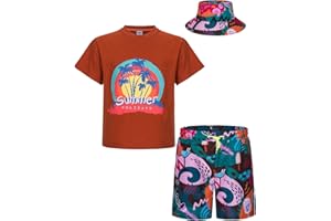 MOHEZ Boy Summer Clothing Outfits Set with Hat Kids Casual Printed Cotton Short Sleeve Top and Hawaiian Shorts 2Pcs Suit Set For 3-14 Years