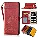 Produktbild Huawei P9 Lite Leder Hülle,Handy Hülle Tasche Huawei P9 Lite,Ledertasche für Huawei P9 Lite,Leweiany Handytasche Huawei P9 Lite Schutzhülle aus Echt-Leder Retro Blumen Prägung Hülle im Ständer Bookstyle Wallet Tasche Flip Brieftasche Etui Schale mit Kartenfach, Magnet und Praktischer Standfunktion Luxus Tasche für Huawei P9 Lite - Premium Hülle in Rot