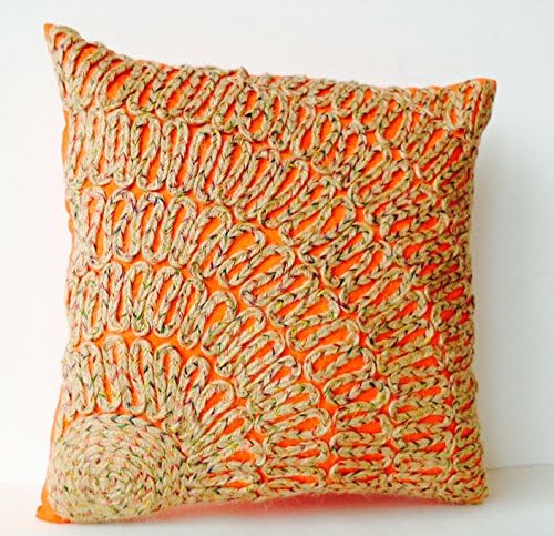 Amore Beaute Handcrafted Cushion Cover - Orange Cushion with Tan Jute Dori Embroidery - Jute (Hessian) Embroidered Orange Art Silk Pillow Covers - Decorative Cushions - Gift for Holidays, Wedding, Anniversary, Housewarming (16" x 16" (40cm x 40cm))