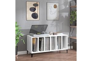 IKAYAA Mueble de Discos de Madera Con Patas Metálicas 100x38x48 cm, Tocadiscos de Vinilo Stand, Estanteria CD, Para Vinilos, Blanco