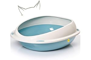 CAT CENTRE Blue Large Cat Open Litter Tray With Rim Kitten Pet Toilet Plastic Loo Pan Box Anti-Spillage Lowered Entry Step Rounded Corners Detachable Rim Easy Cleaning No Spilling
