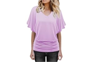 QI_LIANG Teen Girls Trendy Clothes, Pub Oversized Batwing Tops Womens Soft Essential Autumn Polyeste Tops V Neck Baggy Ruffle Solid Top Ladies