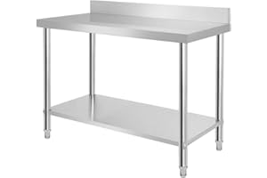 ‎HENGMEI HENGMEI Edelstahl Tisch Küchentisch Arbeitstisch Edelstahltisch höhenverstellbar Gastro Zubereitungstisch Tisch für Küche Bar Restaurant, 120x60x85cm mit Aufkantung