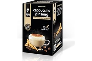King Cup - 1 Paquet de 10 Sachets Solubles de Cappuccino au Ginseng Sans Sucre, 10 Stick de 6 Gr pour Boisson Aromatisée Cappuccino à Ajouter à 60 ml d'Eau Chaude, Sans Gluten et Sans Lactose