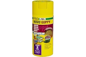 JBL PRONOVO GUPPY GRANO, Aliment de Base pour Guppys et autres Poissons Ovovivipares de 3-10 cm, Granulés pour Poissons, Doseur à clic, taille S, 250 ml