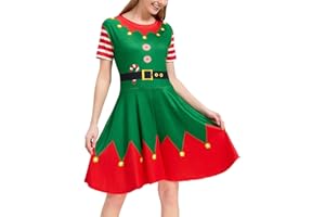 Glimnerize Women's Dress Christmas Elf Printed Themed Party Novelty Dress Short Sleeve S-XXL