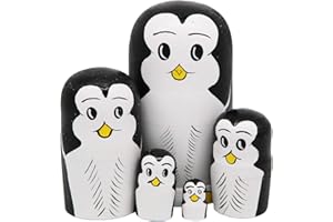 WINTERWORM Set 5 Pieces Penguin Wooden Handmade Nesting Dolls Matryoshka Russian Doll For Kids Toy Birthday Christmas New Year Gift Home Decoration