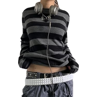 Hilltichu Women's Casual Striped Long Sleeve Top - Loose Fit Pullover, Fall Tops With Contrast Stripes, Comfortable & Stylish