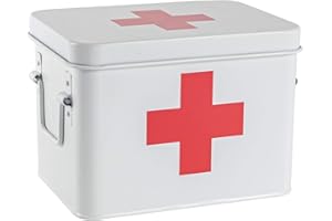Harbour Housewares Vintage Metal First Aid Box - 23cm - White - Compact Medical Storage Tin with Removable Tray & Handles - Steel Emergency Medicine Storage Plasters, Pills & Essentials