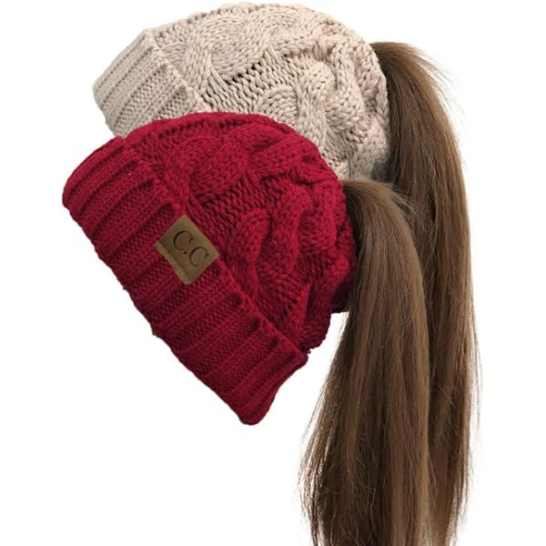Bonnet D'hiver Femme Avec Trou Pour Queue De Cheval - Tricoté En Laine - Multi Coloris