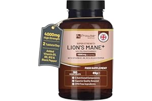 PH PROWISE HEALTHCARE Suplemento de hongo melena de león de 4000 mg con vitamina B1, B6, B12 y pimienta negra: 180 comprimidos veganos de máxima potencia con un 50% de polisacáridos de Prowise