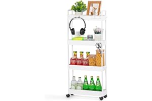 FoiiLiio Rollwagen Schmal,Küchenwagen mit 4 Ebenen,Nischenregal auf Rollen,Küchenregal,Nischenregal,Küchenwagen schmal,für kleine Räume,Küche,Bad,38.8 x 12.5 x 90.7 cm,Weiß