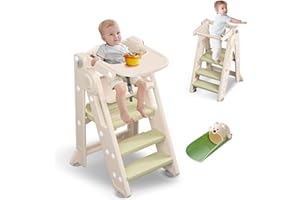 hoopyosms 2-en-1 Tour d Observation Pliable Enfant, Tour d'apprentissage Montessori Bébé, Marchepied Réglable en Hauteur Enfants avec Barre Sécurité, Kit de Siège et Plateau, Vert