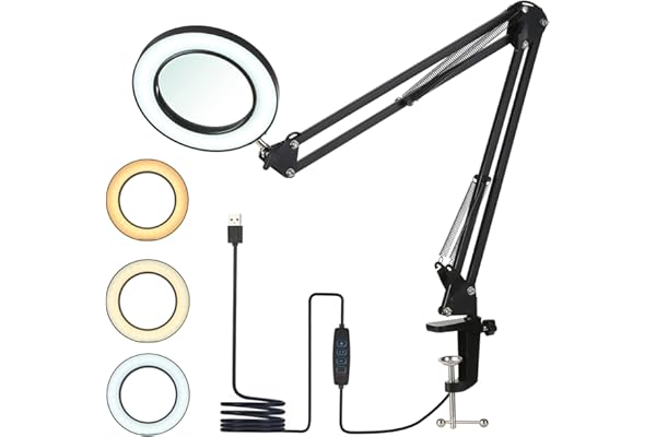 Neoglint Lampe Loupe,Lampe de Travail avec Lentille en Verre de 105 mm 8X,Lampe Loupe de Bureau Dimmable à Mode 3 Couleurs avec Pince Métallique et Bras Pivotant,Convient pour Manucure(Bras Long 35cm)