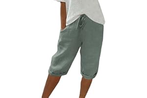 WDCHAOYUE Sommerhose Damen Leicht Sommer Einfarbig Kurze Hosen Leinenhose Mit Kordelzug Casual Pants Hohe Taille Caprihose Stoffhose Bequeme Freizeithose Frauen Elegant Loose Fit Strandhose Outdoorhose