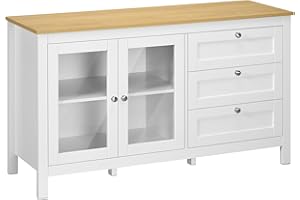 HOMCOM Aparador para Salón Armario Auxiliar con 2 Puertas de Vidrio 3 Cajones y Estante Ajustable para Cocina Comedor Pasillo 120x40x70 cm Blanco