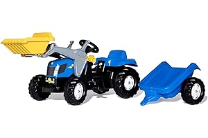 Rolly Toys Trattore a Pedali Kid New Holland T7550 con Ruspa e Rimorchio, Colore Blu, 161 x 47 x 55 cm, 023929