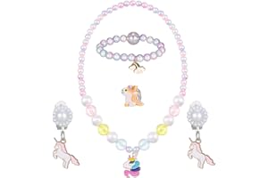 SOSPIRO Kinder Schmuck Set, 5 Stück Mädchen Perlenkette Set Einhorn Halskette Kinder Perlenarmband Regenbogen Ohrringe Ring, Prinzessin Schmuck Set Geschenk Für Kinder Mädchen Party Mitgebsel