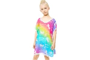 NIDOUL OFFICIAL Kid Girls Chiffon Unicorn Rainbow Cover-up Beach Swimsuit Coverup Pompom Tassel