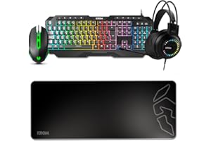 KROM Pack Gaming KARRIER - LED RGB Rainbow, tastiera a membrana, mouse ottico 3600 dpi, cuffie stereo da 50 mm, tappetino in gomma antiscivolo, layout spagnolo, colore nero