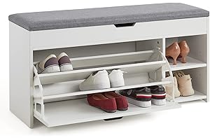 Meerveil Shoe Bench with Seat, Storage Bench with Flip-up Drawer and Open Storage Space, Wooden Industrial Style for Hallway Entryway, W100 x H52 x D30 cm, White