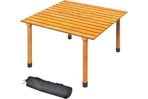 TANGZON Folding Camping Table, Roll Up Fir Wood Top Picnic Table with Carrying Bag, 4 Person Square Outdoor Portable Dining Table for Garden Cooking BBQ Fishing Hiking, 69 x 69 x 42cm (Natural)
