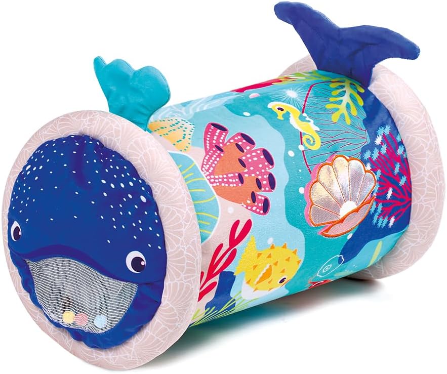 LUDI - Baby Roller Ballena - Rodillo Inflable de Actividades - 6 Actividades sensoriales - Desarrolla motricidad y Coordinación - A Partir de 6 Meses - 45 x 30 cm