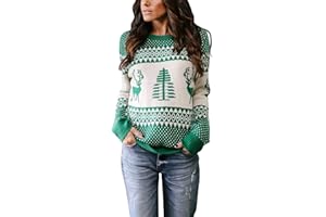 Cassiecy Womens Christmas Jumper Long Sleeve Xmas Reindeer Snowflakes Knitted Pullover Sweater