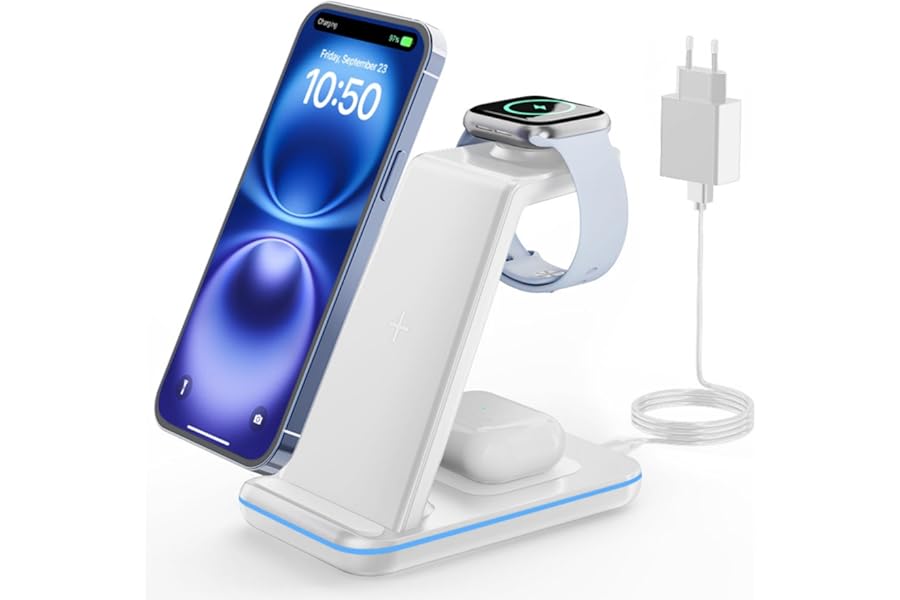 GEEKERA Apple Charging Station, Wireless Charger for iPhone Air/17/16/15/14/13/12/11/X/8, Charging Station for Apple Watch Ultra/11-2/SE, Wireless Charging Base for AirPods Pro-2, White