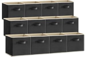Lifewit Lot de 12 Cubes de Rangement, Boite Rangement Tissu, Caisse Rangement Pliable, Panier de Rangement Décoratifs, Bac de Rangement Placard Vetement avec Poignées, 33 x 33 x 33 cm, Noir