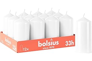 Bolsius - Lot de 12 bougies piliers lisses - Blanches - 12 x 6 cm - Décoratives - Durée de combustion de 33 heures - Non parfumées - Contient de la cire végétale naturelle - Sans huile de palme
