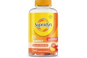 Supradyn Energy Multivitaminico Caramelle, Integratore Multivitaminico Completo, con Vitamine A, B, C, D, E e Coenzima Q10, 140 Caramelle Gommose Multivitaminiche Gusto Ciliegia, Lampone e Arancia