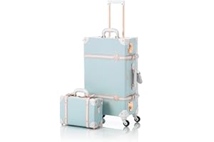 COTRUNKAGE Travel Luggage Sets 2 Pieces, Vintage 4 Wheel Suitcase with Mini Vanity Case, Sky Blue, TSA-Approved, Cabin-12Inch/Medium-24Inch