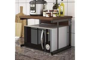 QIHANG-UK 2-Tier Microwave Oven Shelf Stand, Standing Baker's Rack, Over Microwave Shelf Unit, Kitchen Countertop Organizer, Kitchen Storage Shelf with Wood Top Metal Frame (Dark Oak)