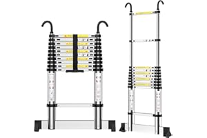 EOXCIIU Telescopic Ladder 3.2m, Aluminium Extendable Ladder with Hooks and stabiliser, Height Adjustment, Convenience for Home, Attic Access, etc.