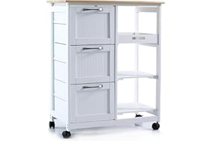 Anaterra® Küchenwagen - mit Rollen, 67x37x84 cm, 3 Ebenen, 3 Schubladen, Arbeitsplatte, Ablage, Holz, Landhausstil, Weiß - Servierwagen, Rollwagen Küche, Kücheninsel, Küchenregal, Küchenschrank