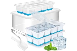 Stampo Grande per Ghiaccio con Contenitore, JRISBO 3 Pezzi Stampi per Cubetti Ghiaccio in Silicone Alimentare senza BPA, 4,5 cm Forma Grandi Vaschette Ghiaccio per Whisky Cocktail (Blu)