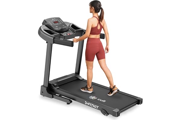 Fitkit by Cult PowerRun-96 BLDC Motor Treadmill (4.5HP Peak) 12.8km/h Max Speed, 110kg Weight Capacity 12 Preset Programs, LED Display AUX/MP3/USB Home Gym Equipment, Black