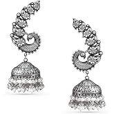 Rubans Oxidised Silver Pearl Dome Jhumka Earrings For Women Stylish