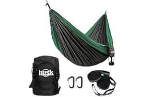 HUSK HAMMOCKS Double Pack Ultralight Outdoor Travel Hammock for Hiking Backpacking Camping Attached Compression Bag Attached Compression Bag Tree Saver Straps (Grass)