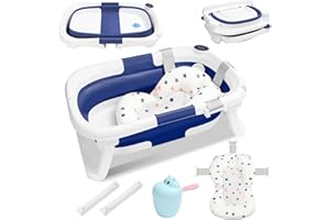 Eulenke Baignoire pliable pour bébé avec thermomètre intégré et gobelet de lavage pour bébé - Baignoire portable antidérapante pour nouveau-nés jusqu'à 3 ans - Coussin de soutien inclus, Bleu