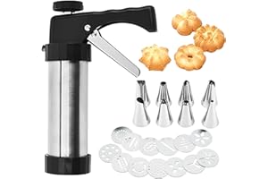 Jaoucue Edelstahl Gebäckpresse mit 8 Tüllen und 13 Schablonen - Profi Spritzgebäck Presse Gebäckspritze Kekspresse für Kekse Kuchen Plätzchen