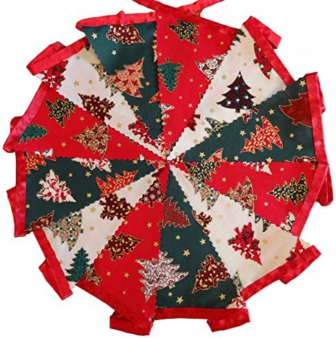 Christmas Bunting - Xmas Trees - 14 flags - 3m (10ft) - Red Green Cream on Red Satin Ribbon