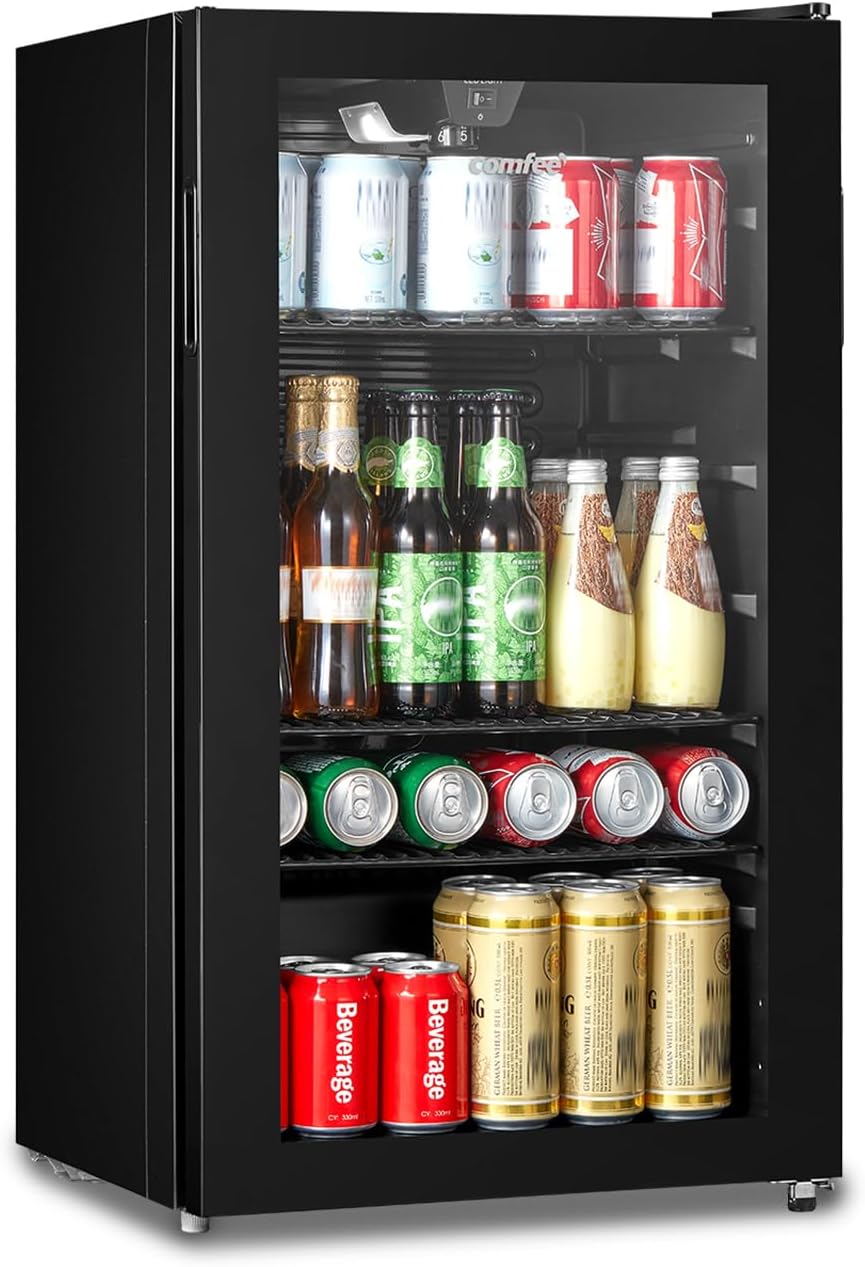 COMFEE' RCZ99BG2(E) Under Counter Beer & Drinks Fridge-93L Capacity,Holds up to 115 Cans, Premium Temperature Performance (2℃ to 15℃), Glass Door, Removable Shelves, LED Light, Low Noise