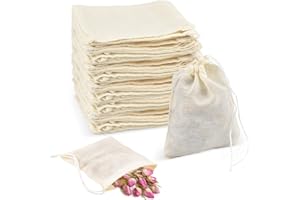CAEEKER Muslin Bags Small, 50 Pack Cotton Muslin Drawstring Bags Disposable Tea Filter Bags Reusable Mesh Bag Empty Organic Spice Bag Infusers for Straining Coffee Loose Tea Soup Herbs Bone, 8cm*10cm