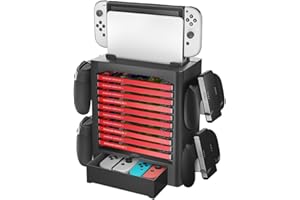 Niciksty Game Storage Tower stojak na Switch/Switch OLED, uniwersalny stojak do gier z szufladą Joy-Con, na 10 CD i 4 kontrolery