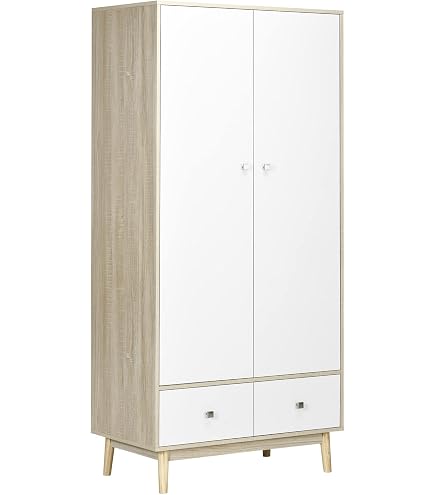Armadio Guardaroba Rustico Con Ante In Rattan - Bianco, 180x85x52 Cm, Con Cassetto Grande E Ripiani Regolabili