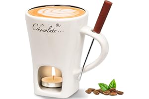 FEIGO Lot de tasses à fondue au chocolat, 130 ml, en céramique, pour faire fondre le chocolat, avec fourchette et bougie chauffe-plat, pour le fromage, le chocolat, le beurre, le caramel