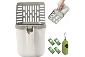 FUOBECIE Cat Litter Scoop, Cat Poop Scoop with Holder Litter Tray Scoop with Bag and Waste Can, Dirt-Free Cat Litter Scooper with 4 Rolls Waste Bags, Large Capacity Portable Litter Shovel(Grey)
